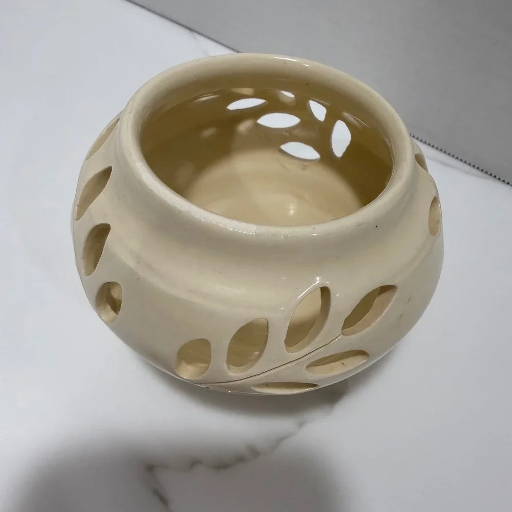 Vintage Handmade Ceramic Pottery Candle Luminary Cutout Pierced Leaves Signed